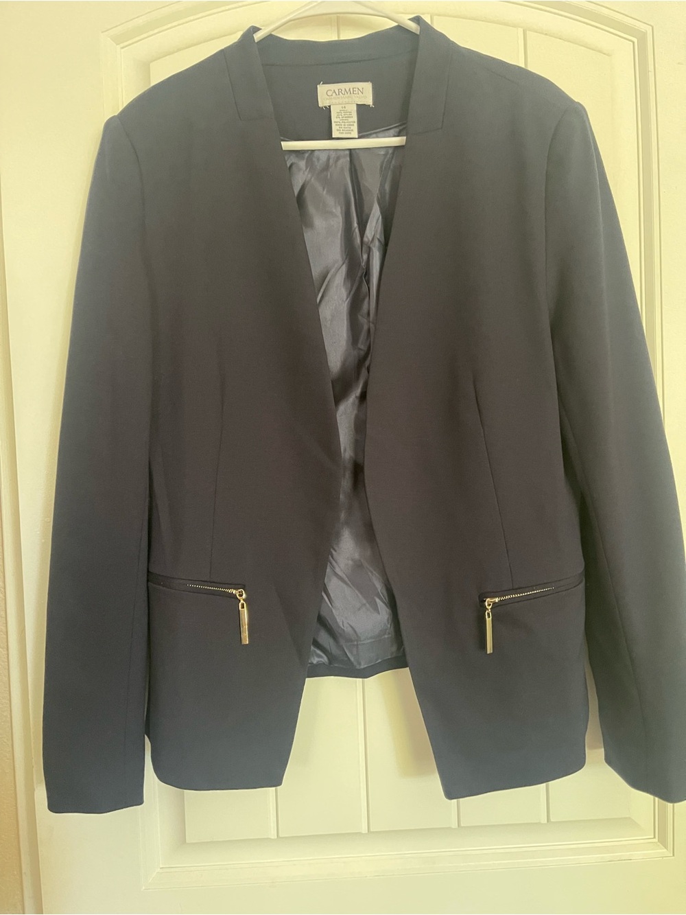 Carmen Open-Front Navy Blazer with Gold Zipper Details